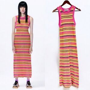 NWOT Zara Crochet Open Knit Colorful Striped High Neck Sleeveless Midi Dress s